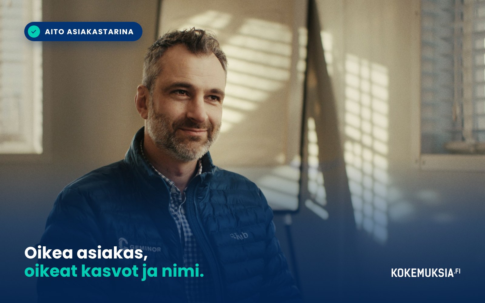 Aito asiakastarina -merkki asiakastarinavideon haastateltavan kuvassa