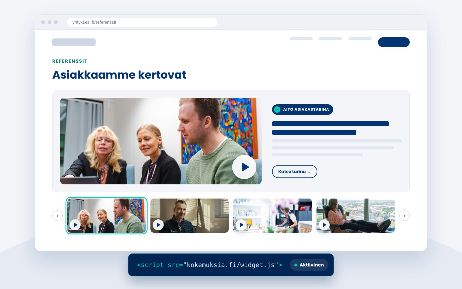 Kokemuksia.fi-widget yrityksen verkkosivun referenssiosiossa: asiakastarinavideo, Aito asiakastarina -merkki ja tarinakaruselli