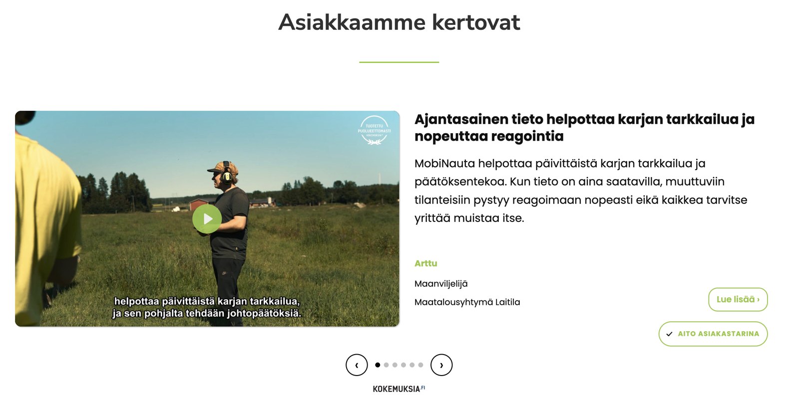 Kokemuksia.fi-widget Minun Maatilani -sivustolla: asiakastarinavideo, tarinan kuvaus ja Aito asiakastarina -merkki